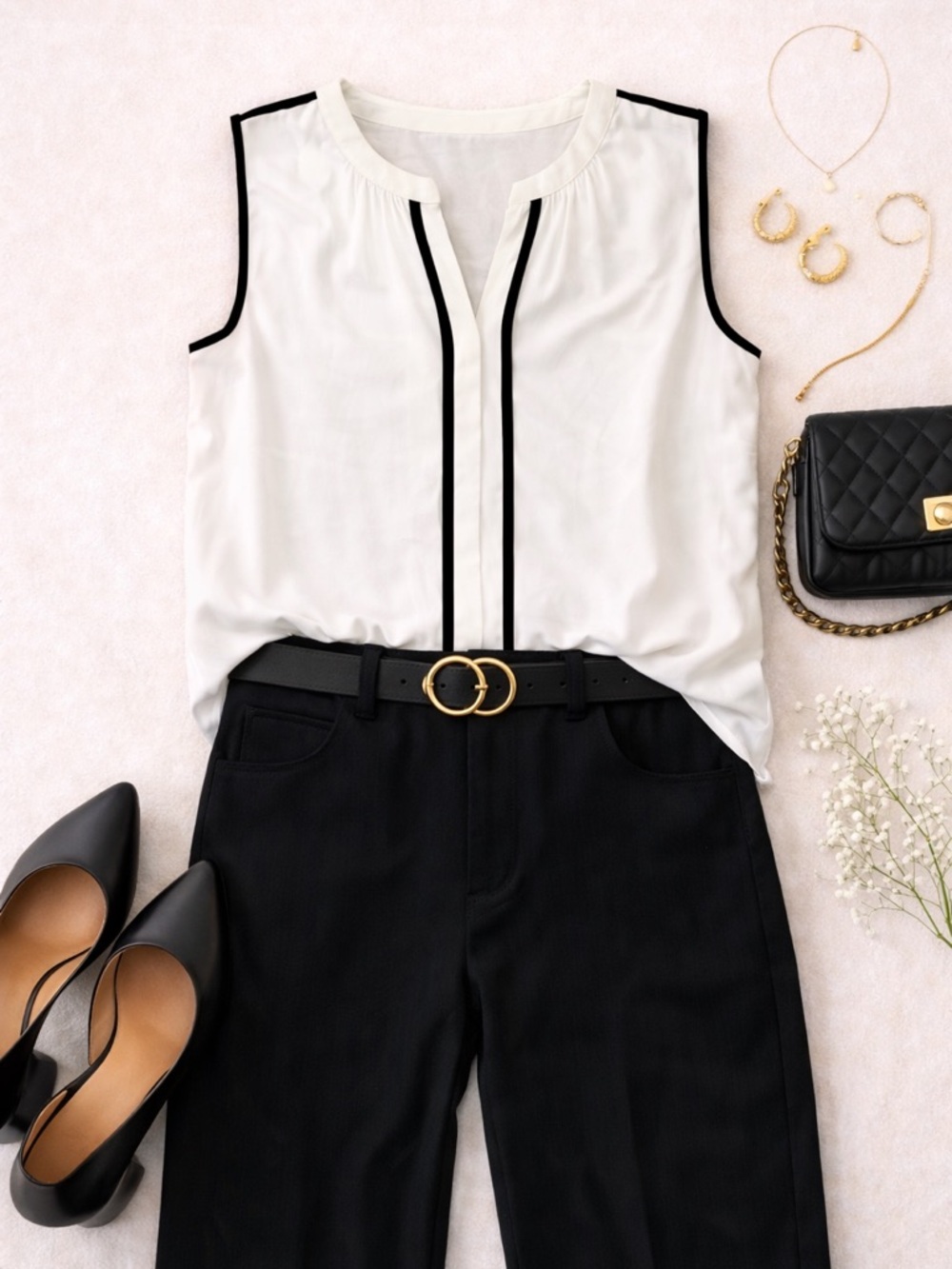 Calvin Klein White Sleeveless Blouse with Black Trim